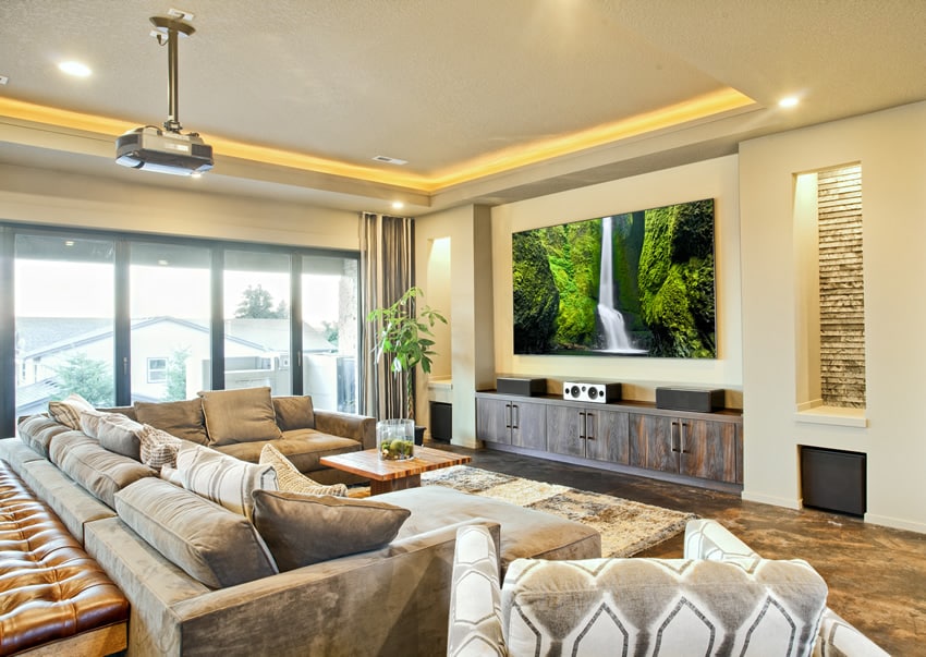 Media room with luxury furnishings and decor