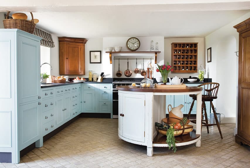 Baby blue cabinets in country style kitchen