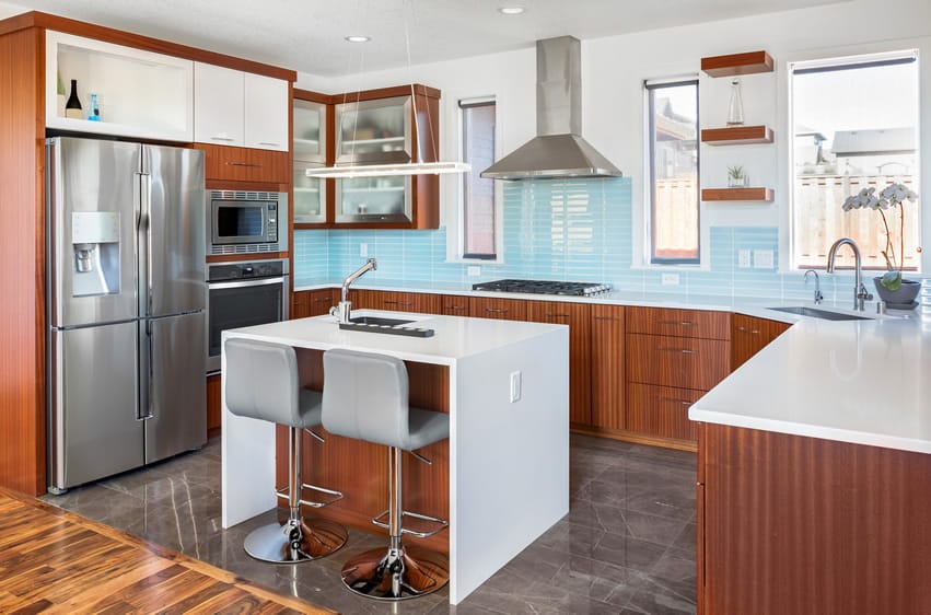 Blue rectangular tile back splash in modern kitchen