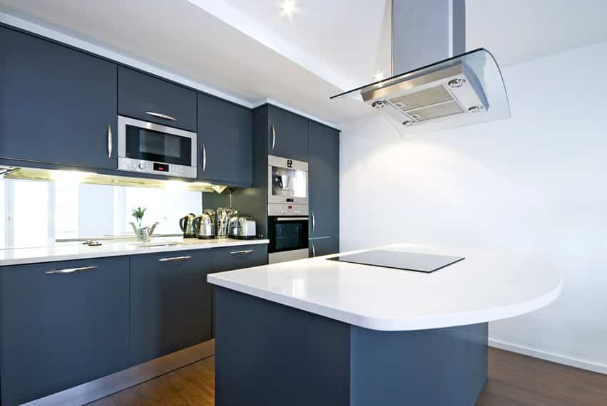 Dark blue modern kitchen with white countertops