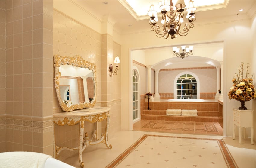 Console table with cabriole legs and two tubs in the bathroom