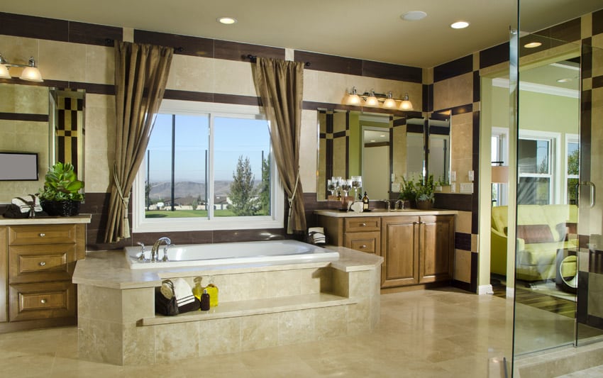 Expansive bathroom design with warm brown tones