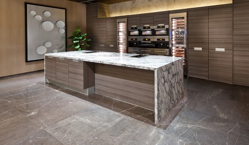 Kitchen area with marble floor