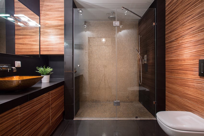 Large glass shower in bathroom with mosaic tiles