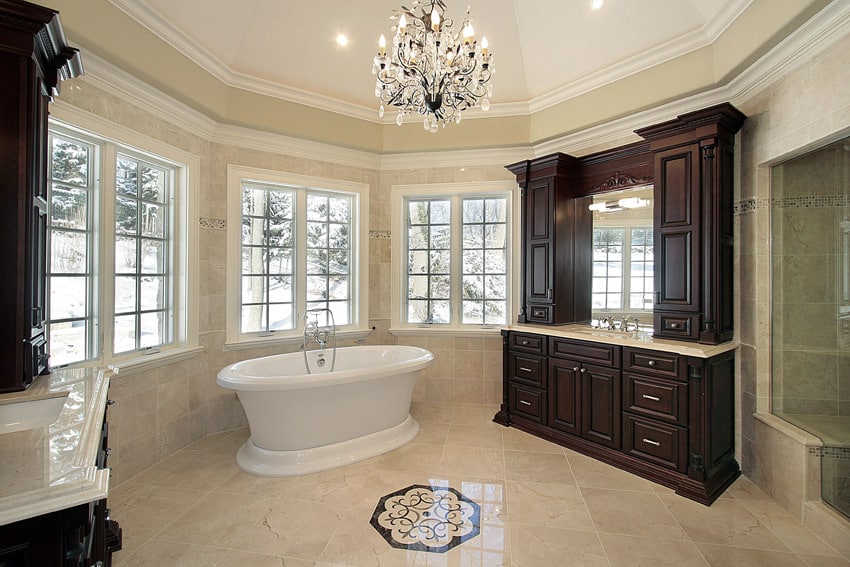 Bathroom with wood cabinet and wraparound windows