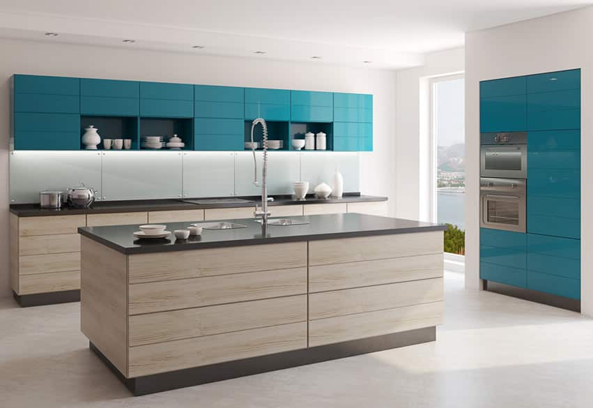 Modern kitchen with dark seafoam blue cabinets