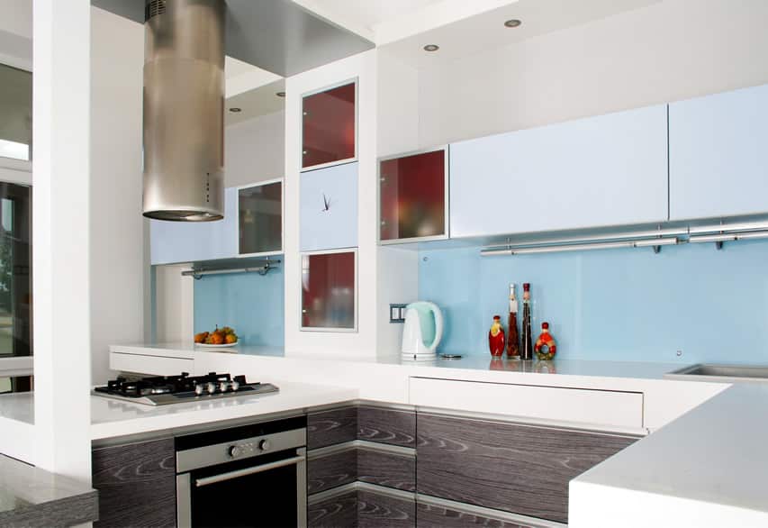 Modern kitchen with light blue back splash