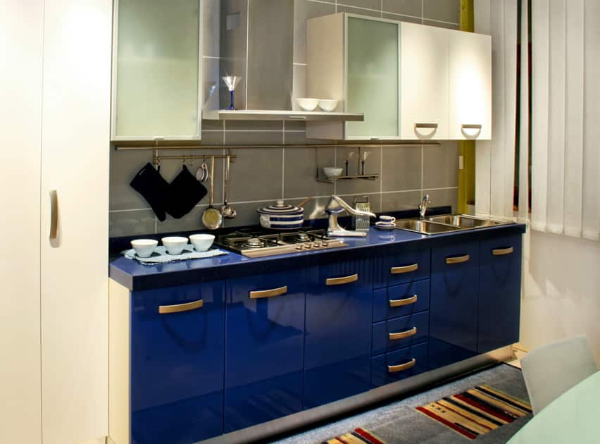 Small modern polished blue cabinet kitchen