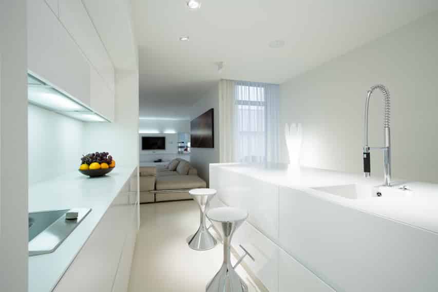 modern white kitchen design with eat in bar