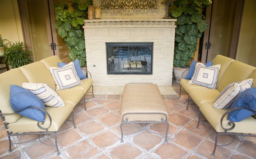 Patio lounge area with fireplace