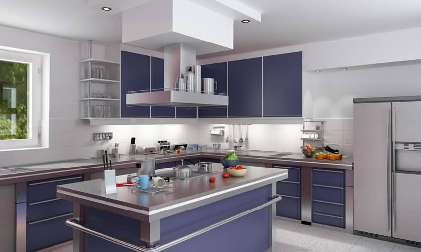 Purple modern kitchen with white back splash and grey counters