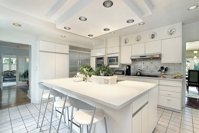 Solid white kitchen with white fridge