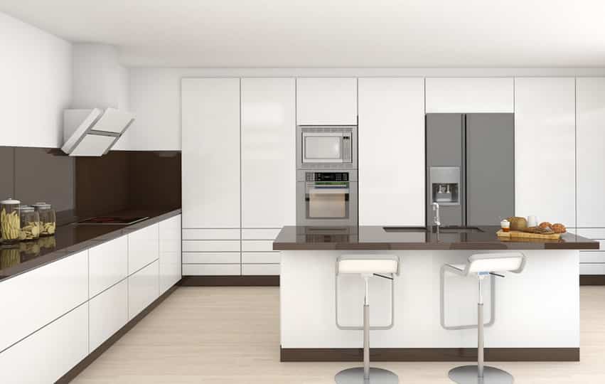 Ultra modern white kitchen with brown countertops and back splash