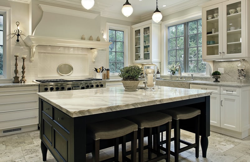 White marble countertop on island