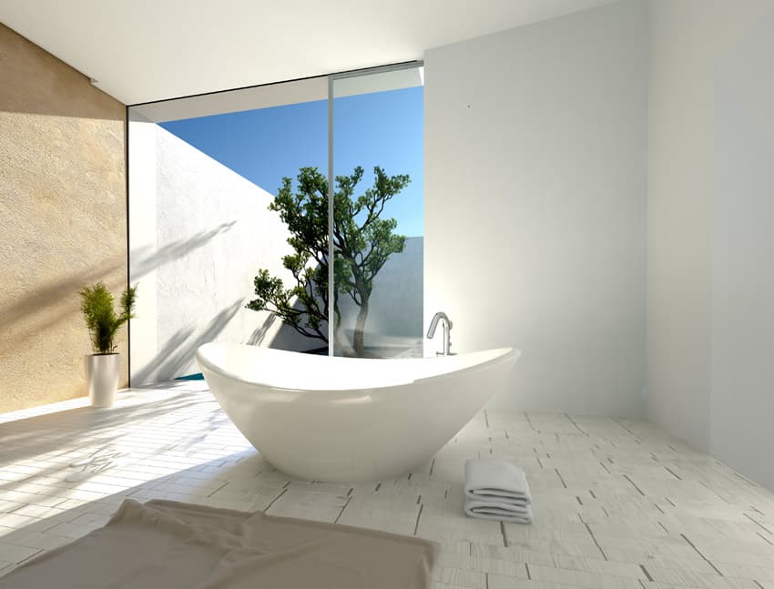 Bathroom with solid white walls and brown textured wall with potted plant
