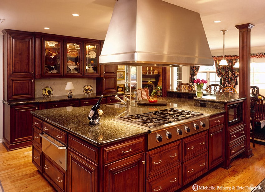 Beautiful stained wood kitchen with massive island