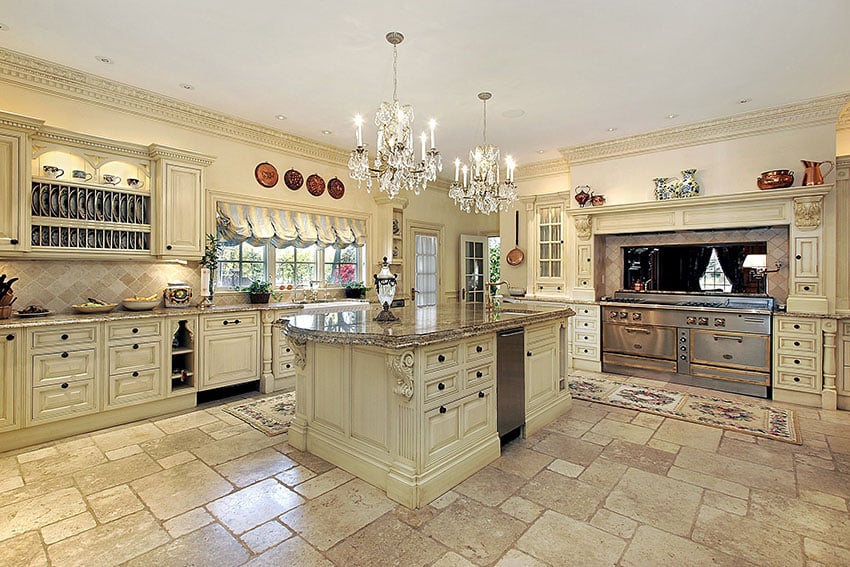 Beautiful cream color luxury kitchen with tile flooring