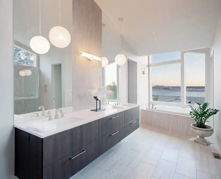 Clean design white bathroom with lake view