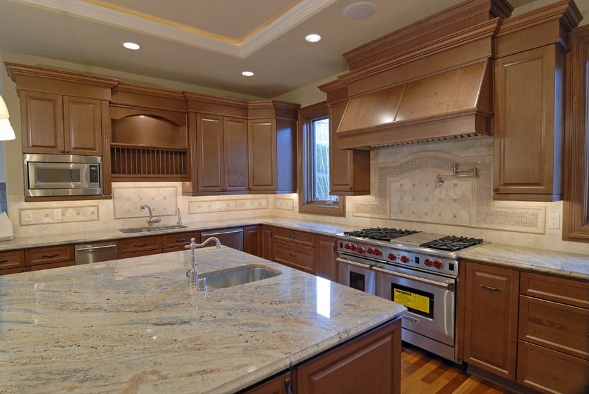 Cream color kitchen counter with light wood