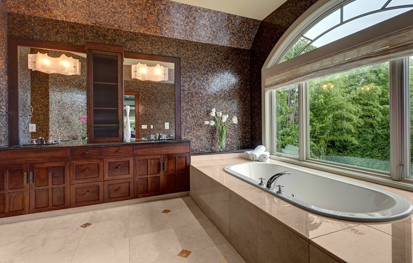 Master bath with brown mosaic tile