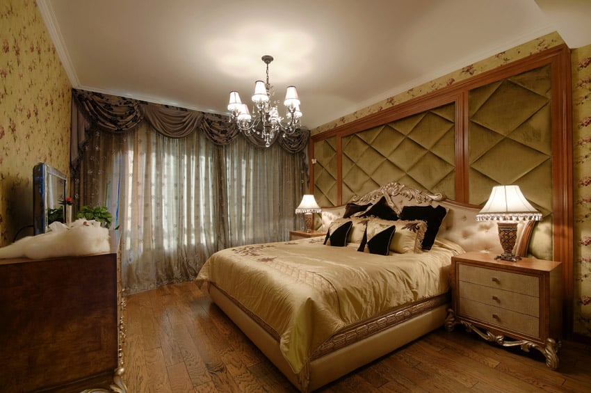Oversized plush headboard with teak bedroom furniture pieces