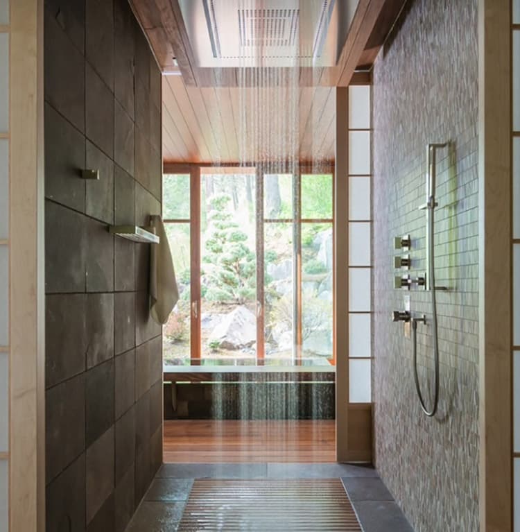 Oversized rain fall shower with outdoor view