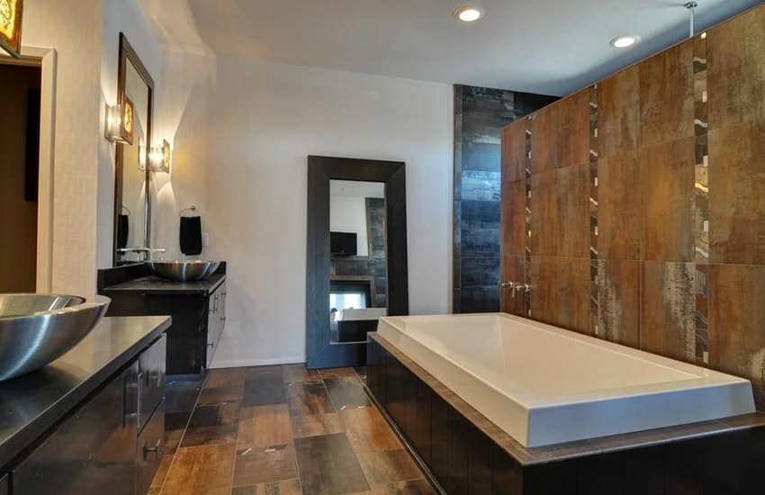 Stylish contemporary master bathroom with tile accent wall