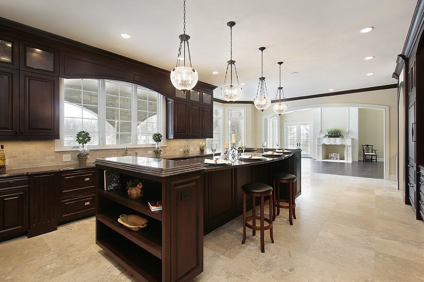 Unique custom shaped island in kitchen of luxury home
