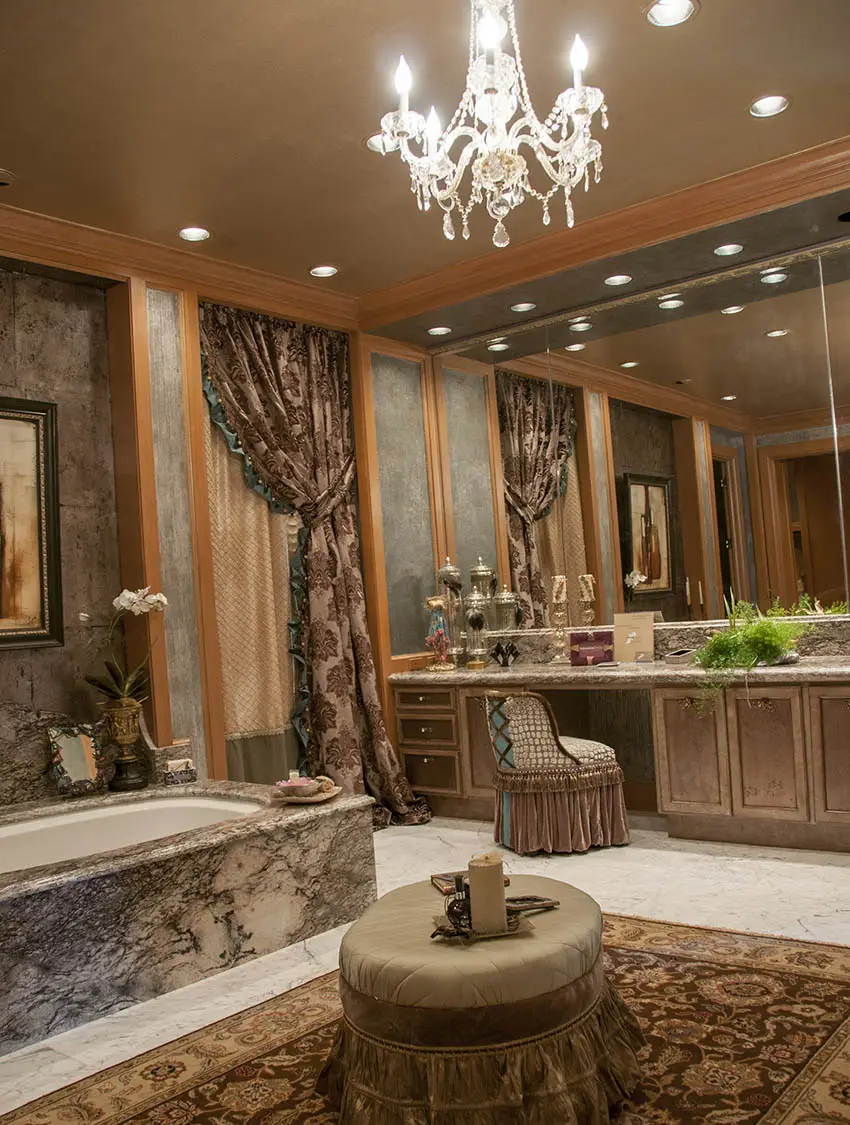 Upscale designer bathroom with chandelier