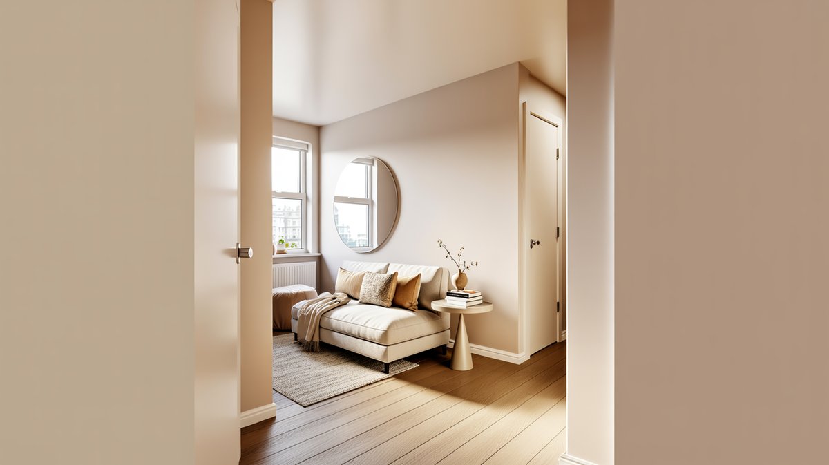 Compact living room in soft whites with a round mirror and light oak floor