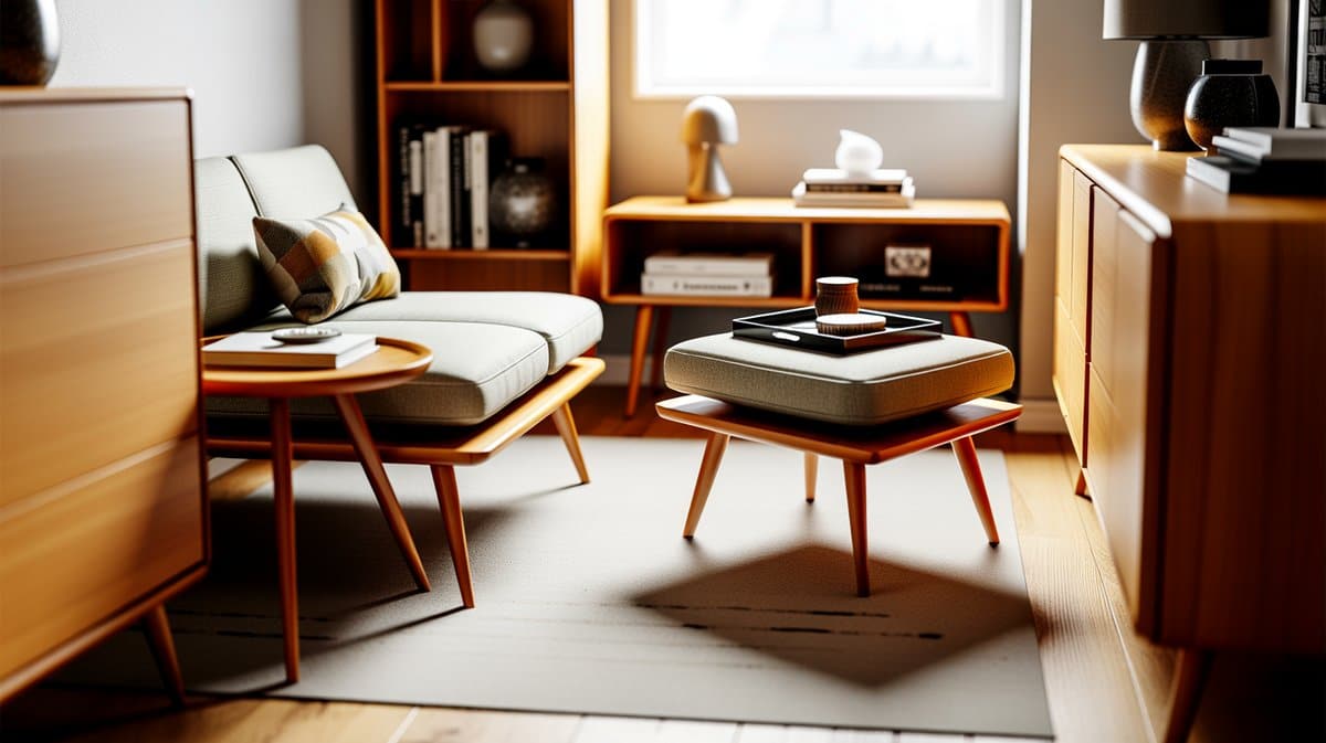 Mid-century sofa and ottoman on slim wooden legs in a cozy room