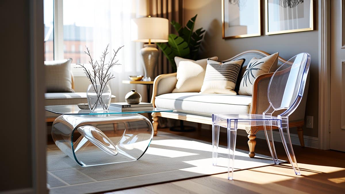 Clear glass coffee table and acrylic chair in a sunlit small living room