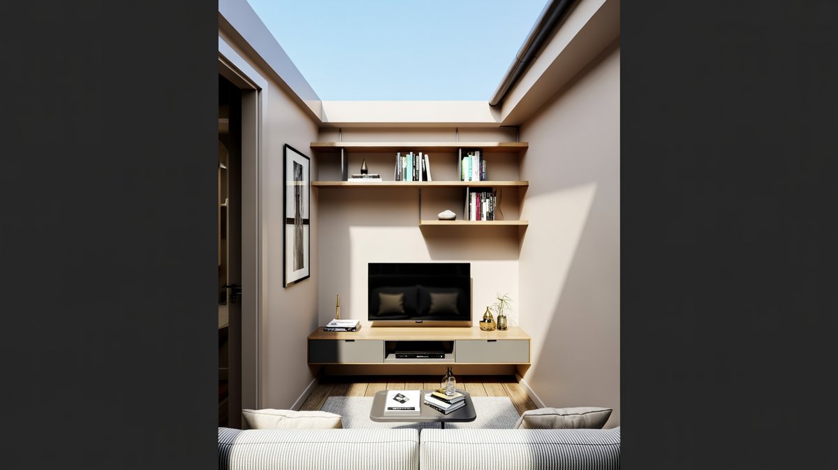 Wall-mounted console and floating shelves keep the floor open below a mounted television
