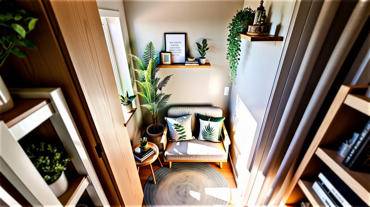 Small seating nook surrounded by potted plants and leafy botanical accent cushions