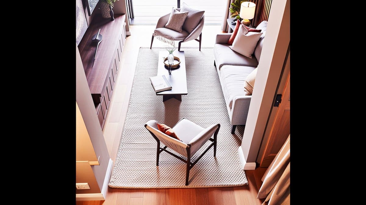Light woven rug grounding a sofa and two chairs around a low table