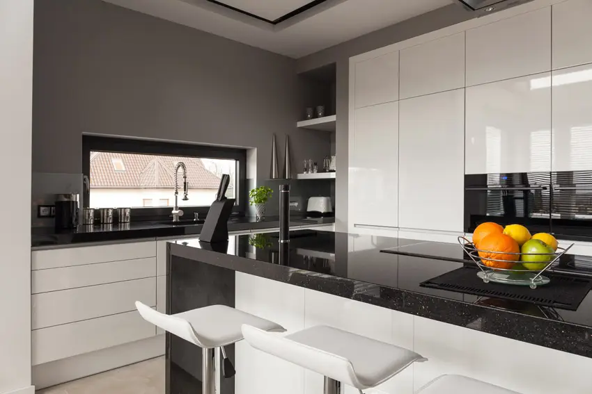 Black white modern kitchen with gray walls