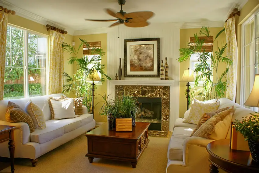Bright tropical themed living room with fan