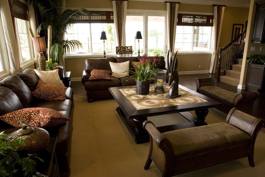 Brown theme living area design with decor