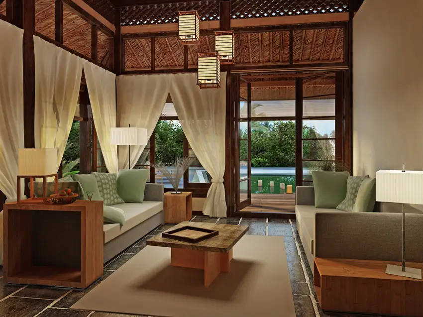 Custom designed living room with backyard views