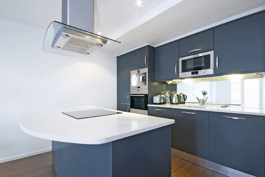 Kitchen with slate blue cabinets with mirror style backsplash