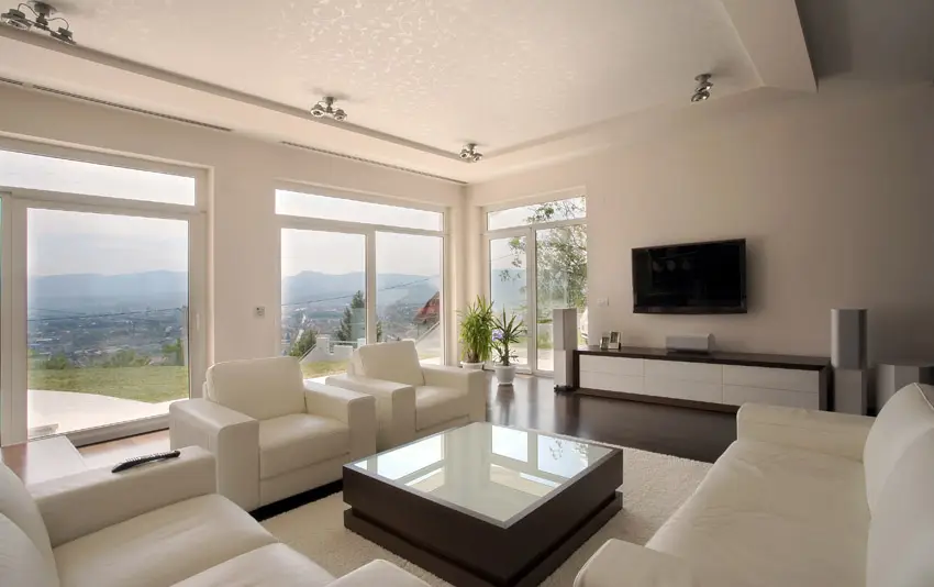 Living room with beautiful window views and modern furnishings