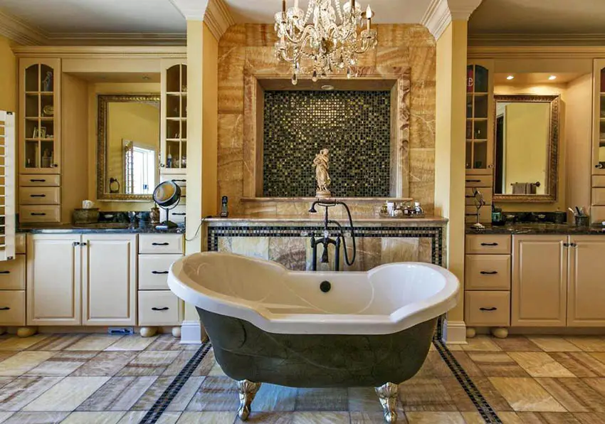 Luxury bathroom with chandelier and cast iron clawfoot tub
