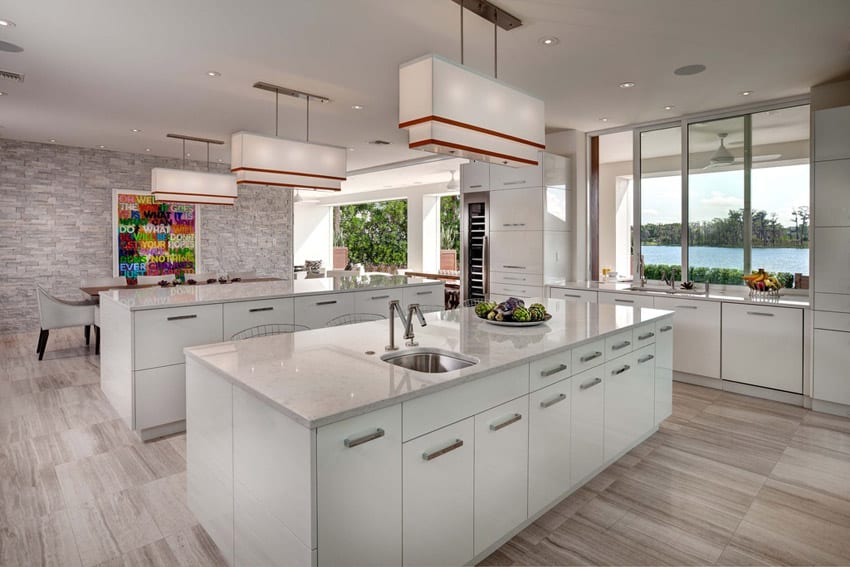 Modern kitchen with lake view brick accent walls