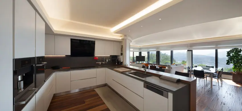 Modern kitchen with tray ceiling, u-shape design and open layout