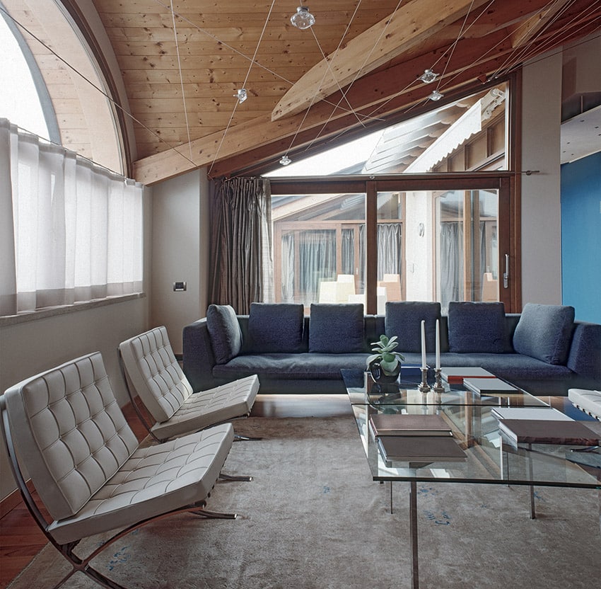 Modern living room with angled ceiling