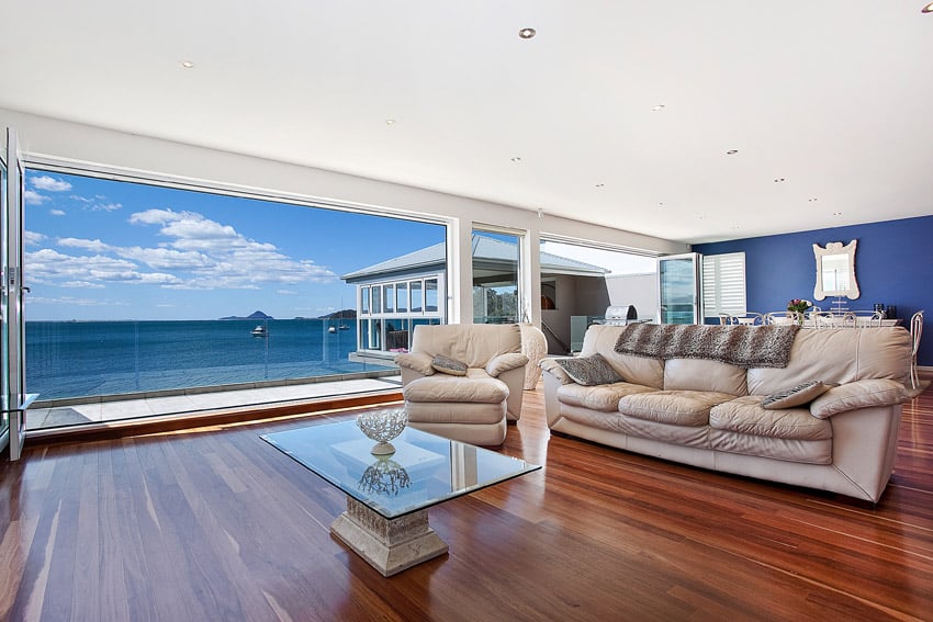 Oceanview living room with wood floors