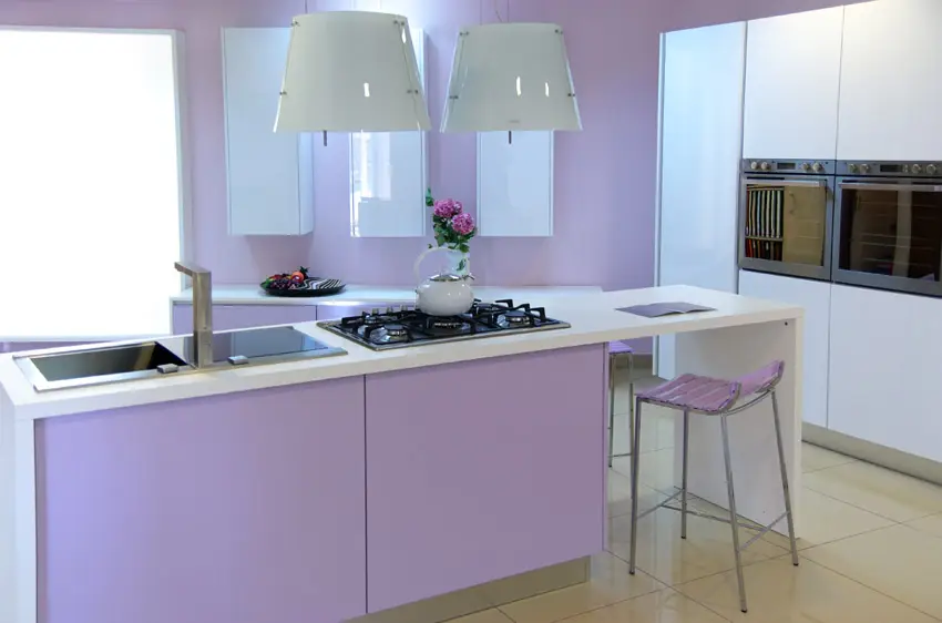 Kitchen with lilac walls and counter base with stainless steel double sink