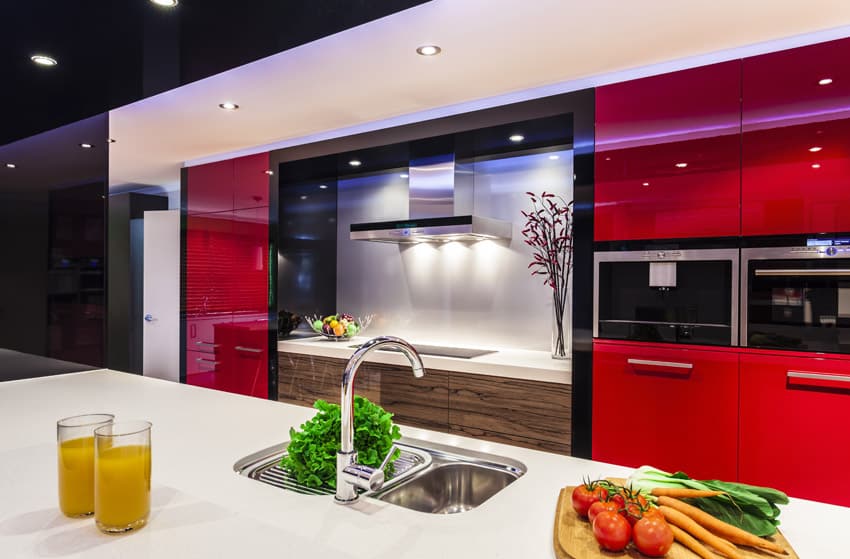 Red modern kitchen with island