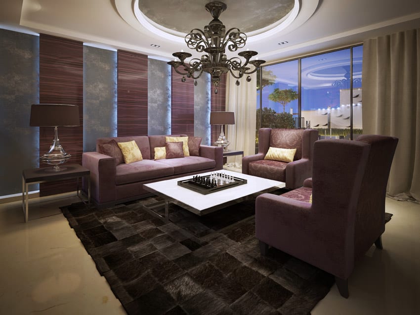 Rich living room design with round tray ceiling