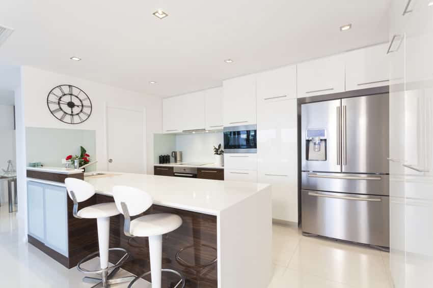 Small white modern kitchen with island for dining
